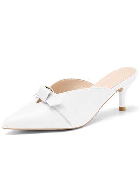 *Coutgo SZ 7  Bow Knot Mules Kitten Heel Pumps Slip On Heeled Sandals White